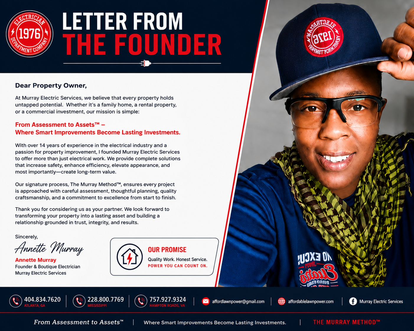 A letter from Annette Murray, founder of Murray Electric Services